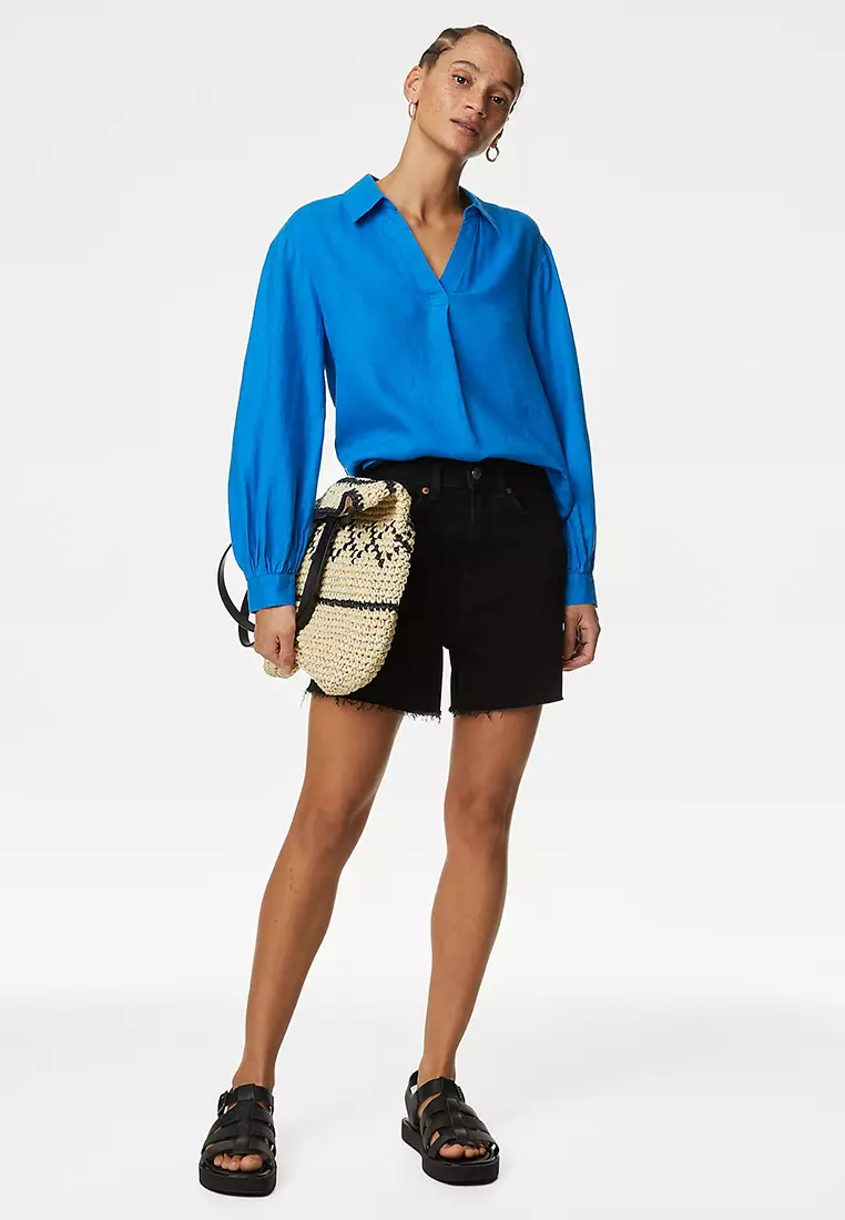 Pure Linen Collared Popover Blouse