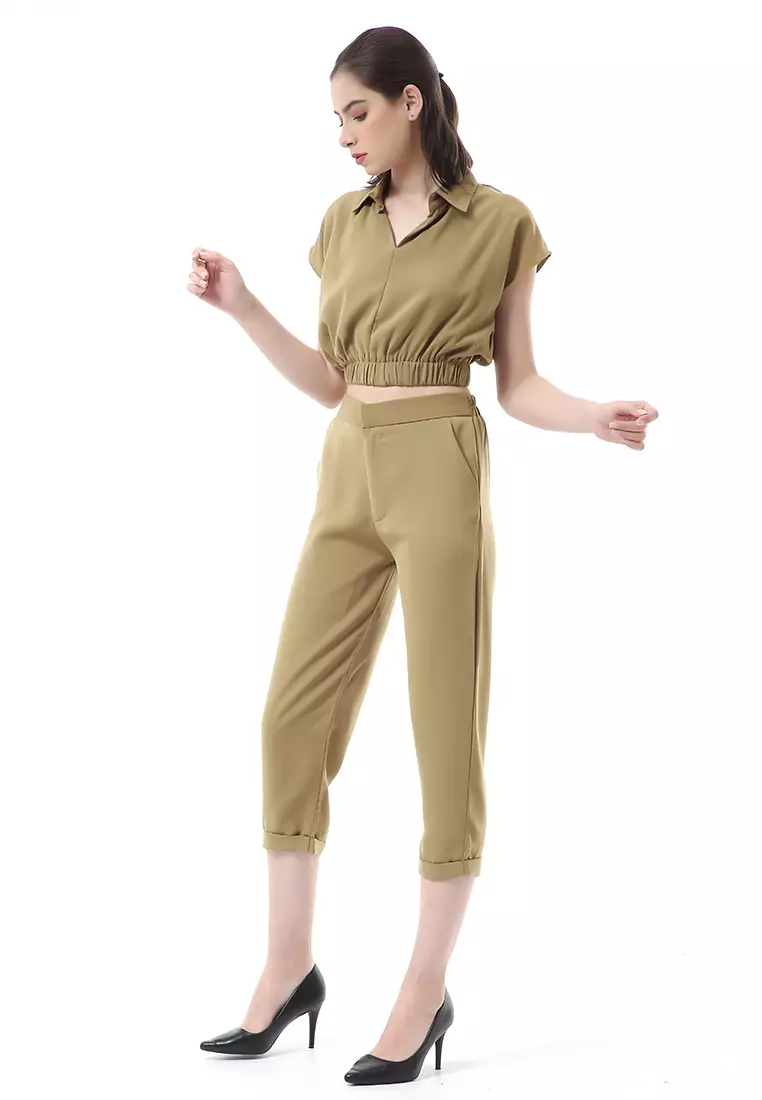 Nayra One Set Setelan Atasan Crop Karet Lengan Pendek Basic Pants Wanita Material Dolce ORIGINAL - Kiwi