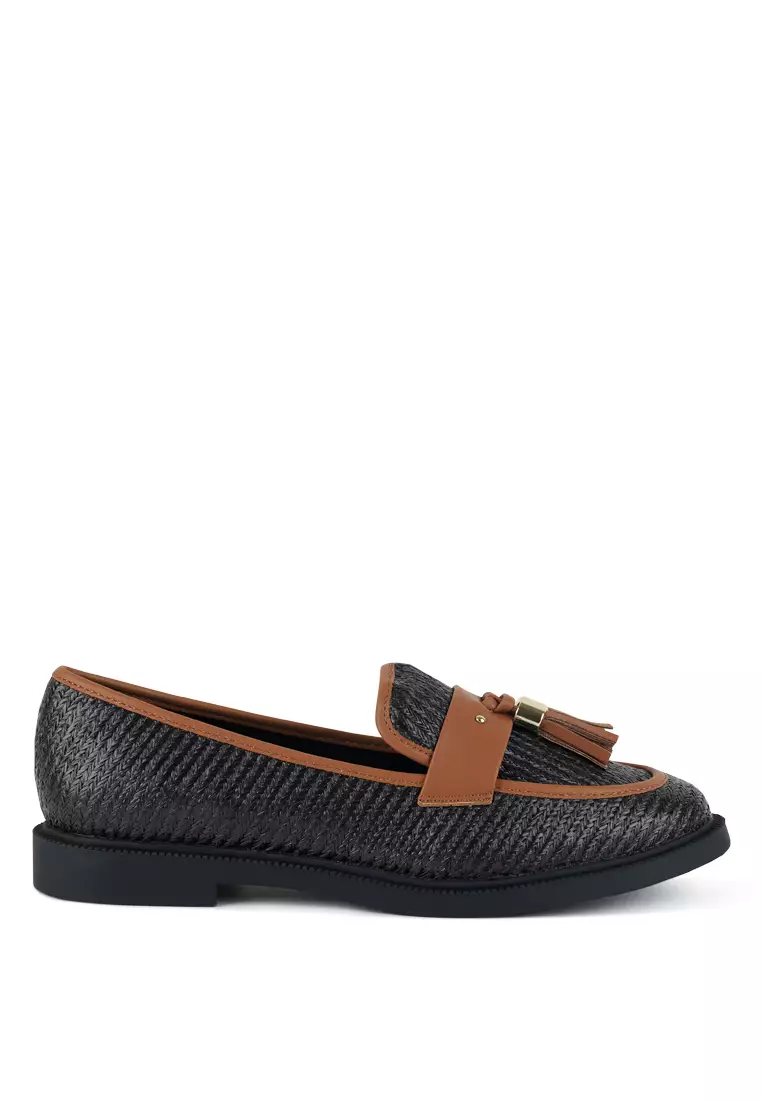 Discount on London Rag  shoes - SKU: Black Tassle Detail Raffia Loafers