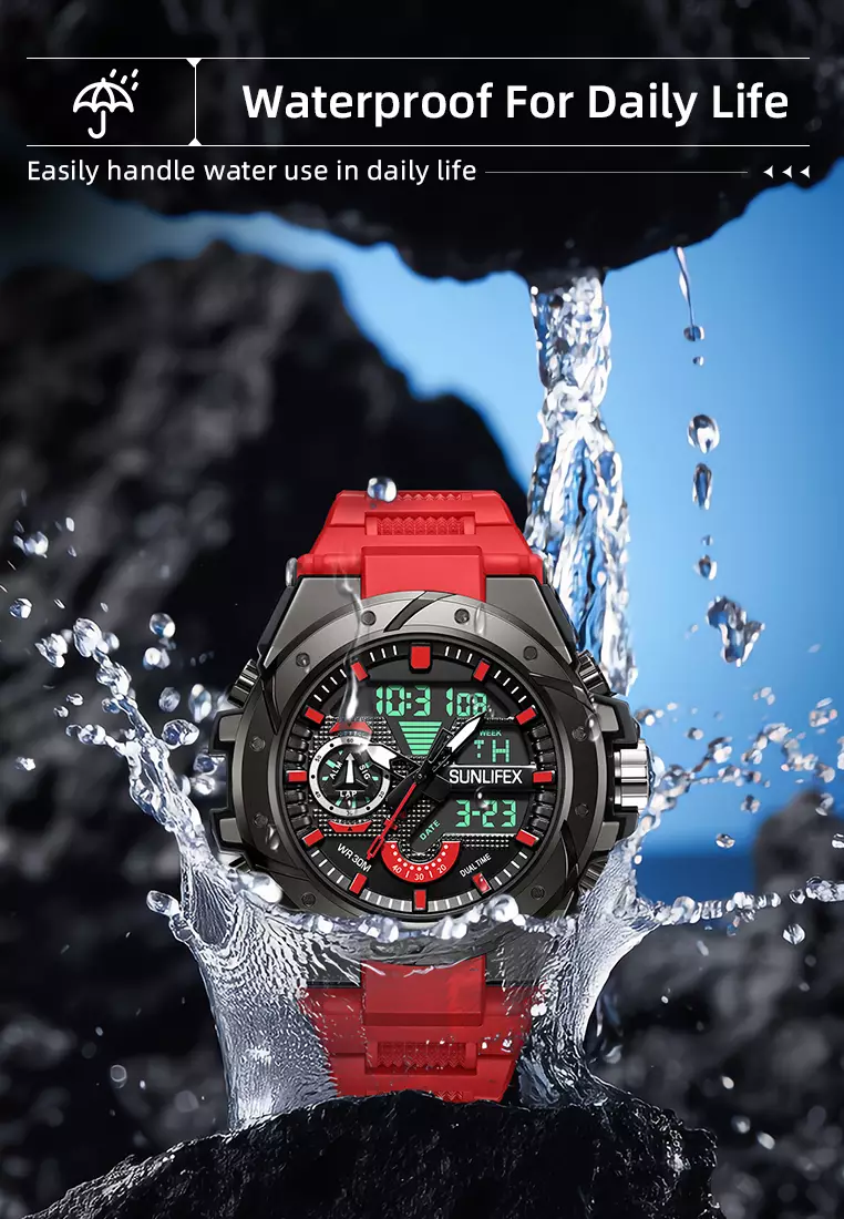 Jam Tangan Pria D009 Digital Analog Tali Rubber Chronograph Olahraga Jam Tangan Cowok redblack
