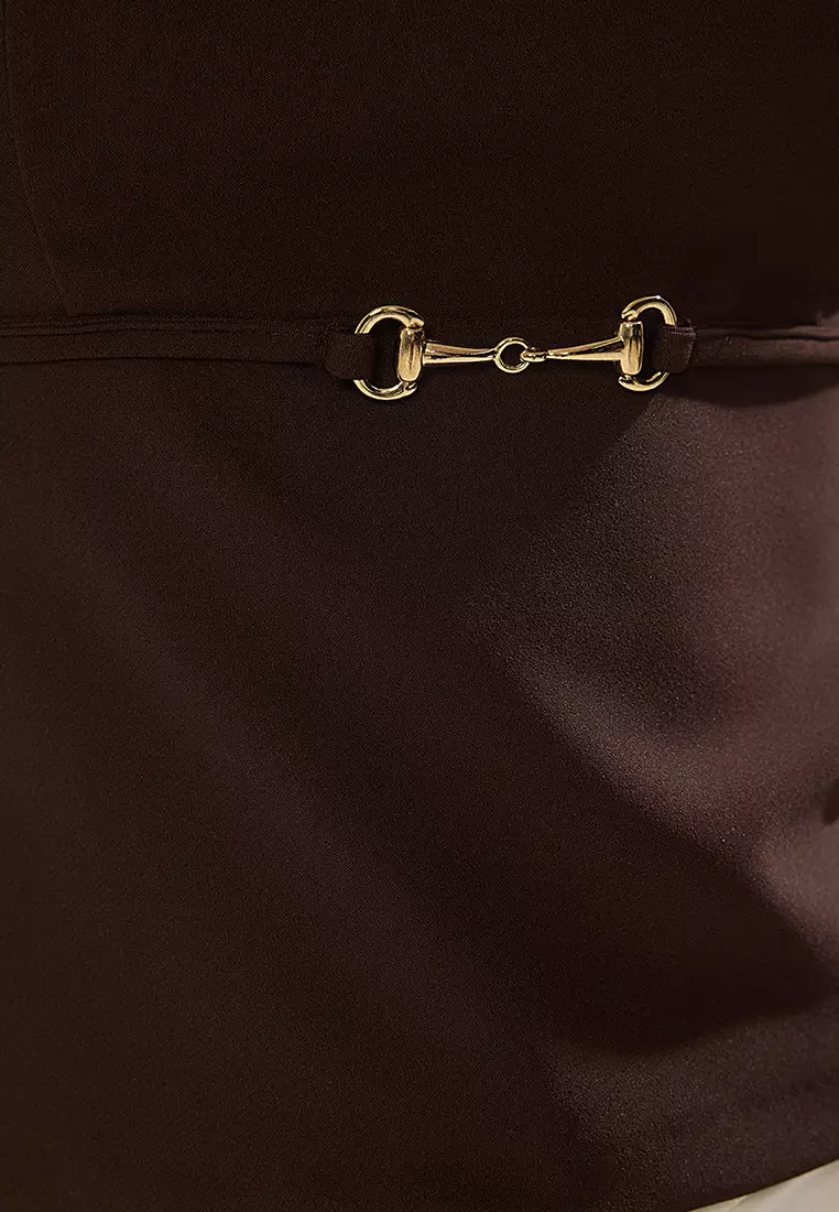 Brown Strapless Fitted Thin Ornamental Belt Detail Woven Blouse TWOSS25BZ00421