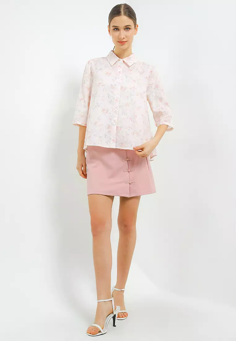 Flo Print Emb Hi Lo Shirt