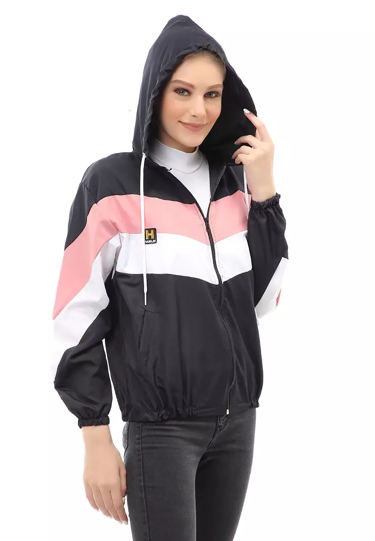 Hardwin Jacket Outer Wanita Jaket Hoodie 3 Warna Material Parasut Despo ORIGINAL - Black