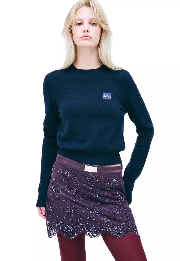 Cashmere Blended Round Neck Square Logo - Navy