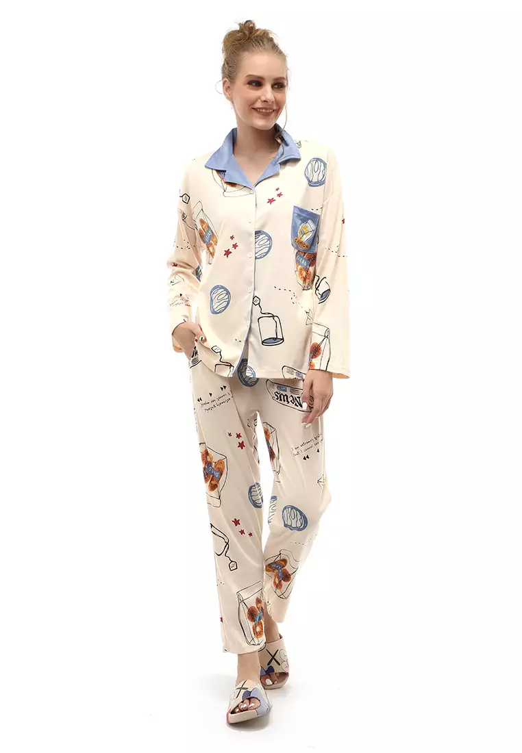 Vance Setelan Piyama Baju Tidur Wanita Lengan Panjang Motif Bear Kra Material Cotton ORIGINAL - Blue