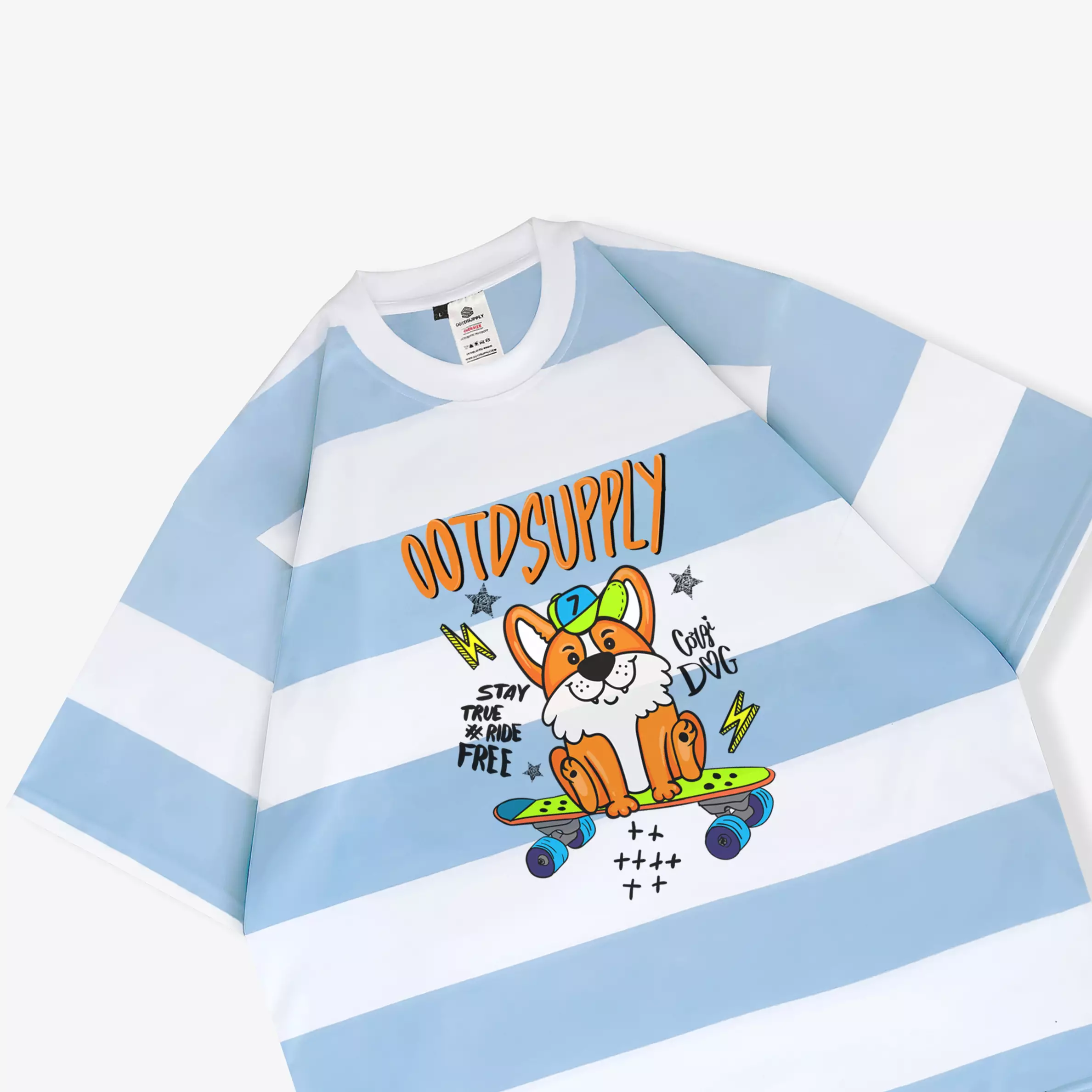 OOTDSUPPLY Oversized Corgi Baby Blue Stripe |  Oversize Pria & Wanita OVZSTP002