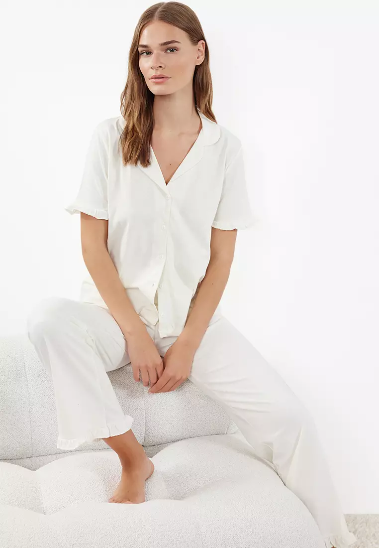 White 100% Cotton Ruffle Detailed Knitted Pajama Set THMSS24PT00223
