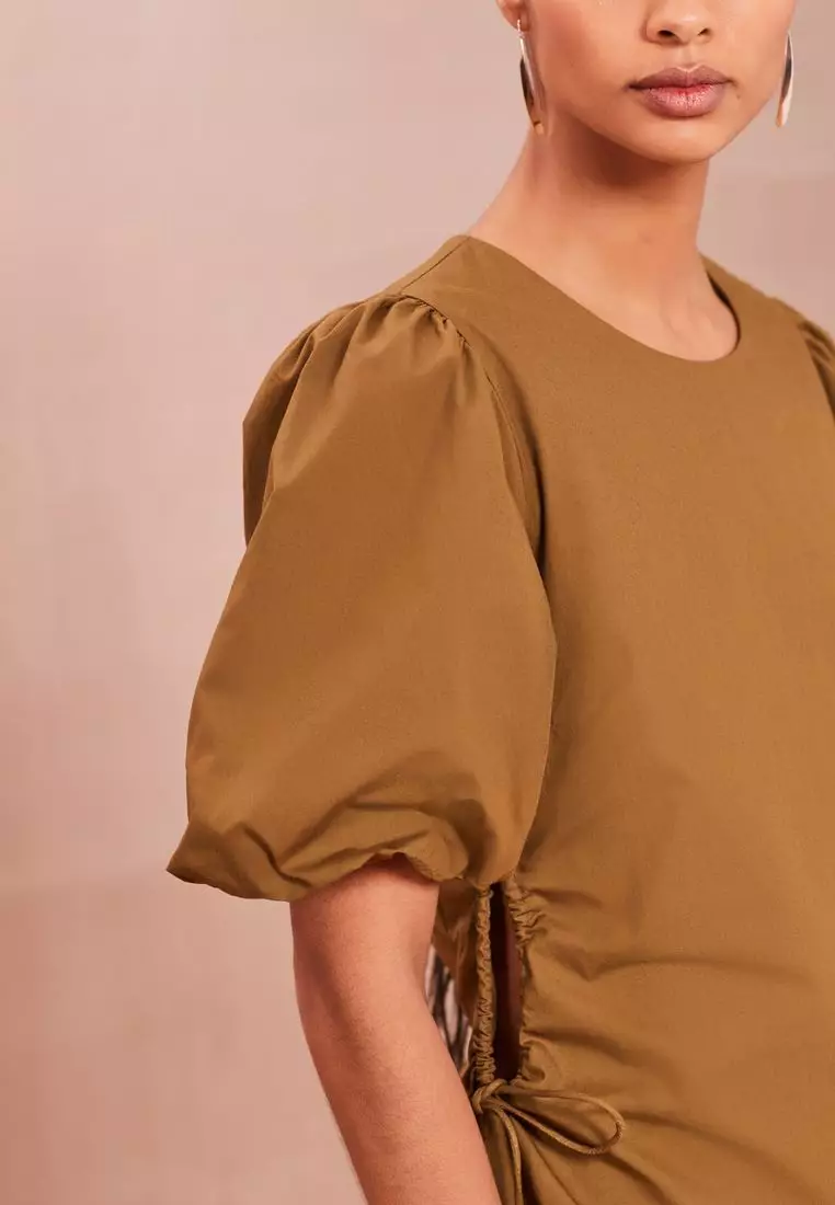 Ruched Side Puff Sleeve Midi Dress