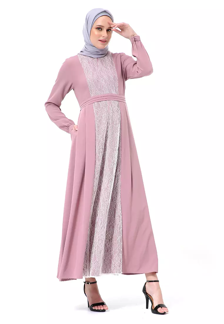 Adinda Dress Muslimah Detail Brukat Lengan Panjang Regular Fit High Quality Premium - Peony