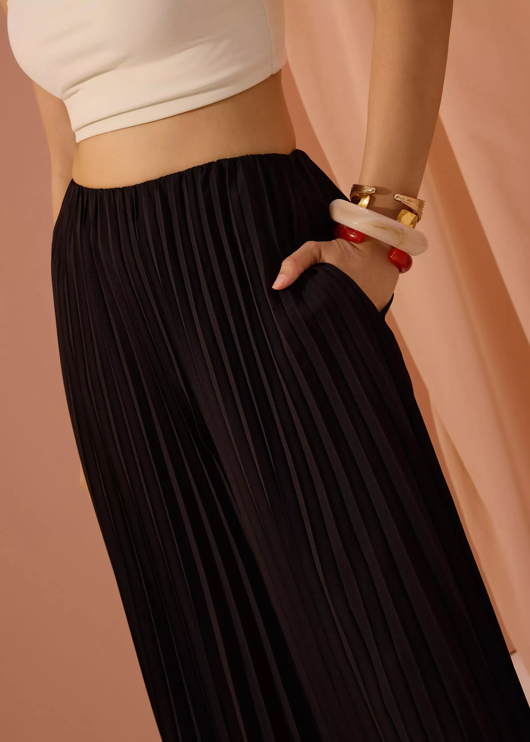 Celana Panjang Wanita - PETITE Leggy™ Wei Elastic Sunray Pleated Palazzo Pants