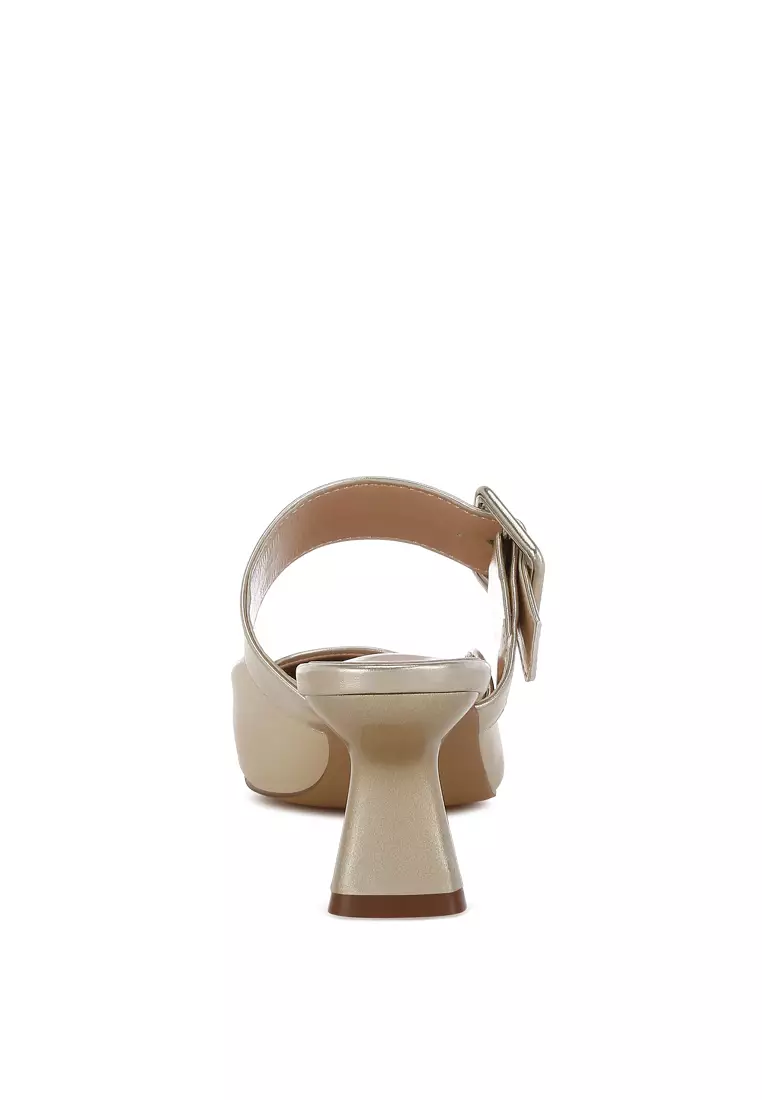 Large Buckle Kitten Heel Mules In Gold