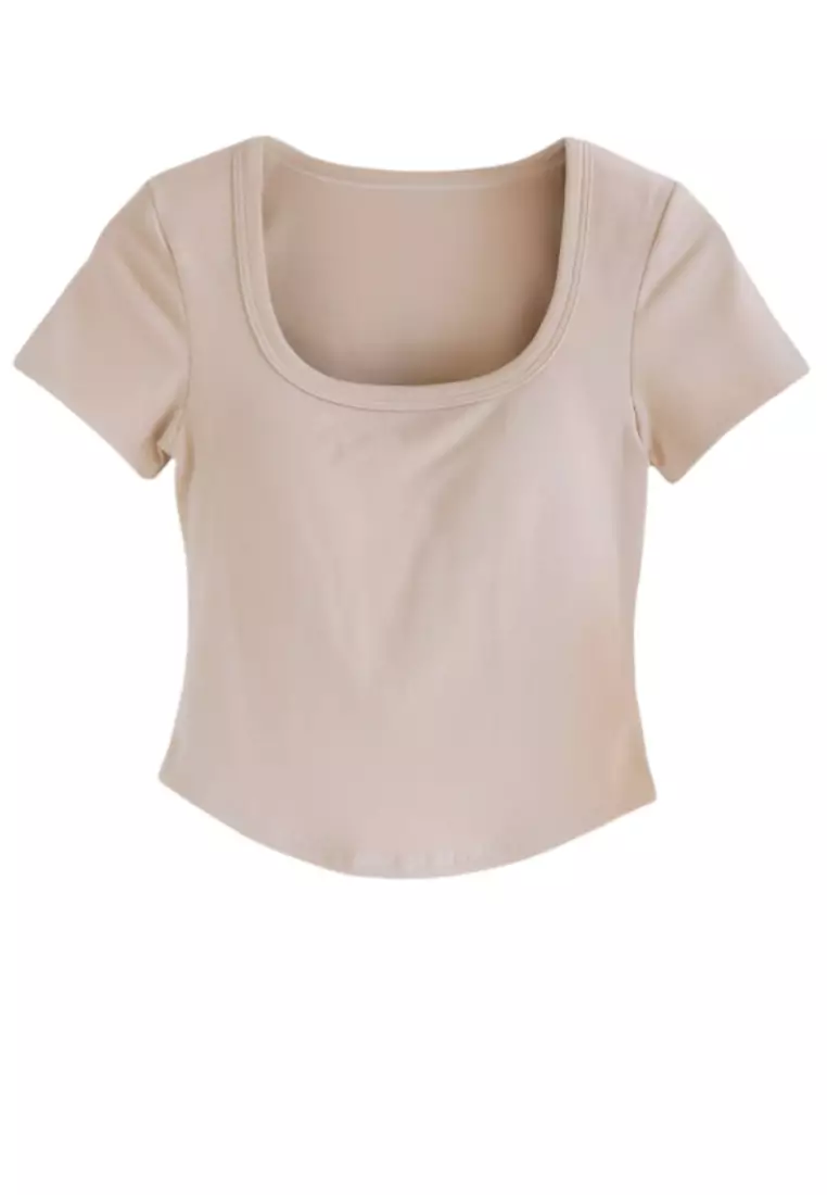 Irregular Hem Short-Sleeved T-Shirt with Chest Pad