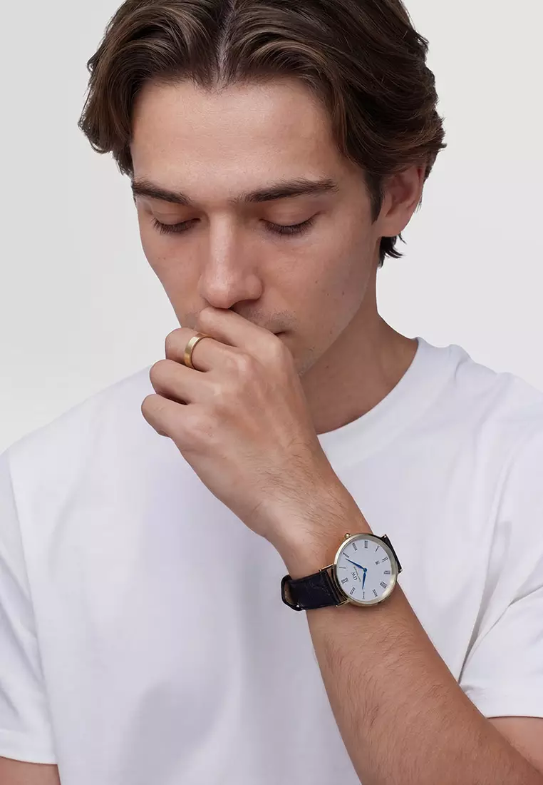 Classic 40mm Roman Numerals Date Black Croc Belly Gold - Men Watch stainless steel Leather strap watch DW Official Authentic Original 男士手錶 不銹鋼 真皮 手錶 DW 官方 正品