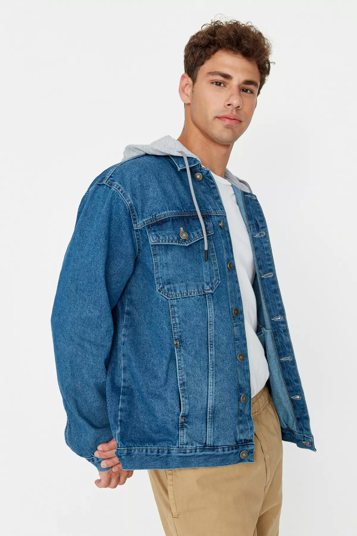 Men's Indigo Regular Fit Knitted Denim Jacket with a Hooded
