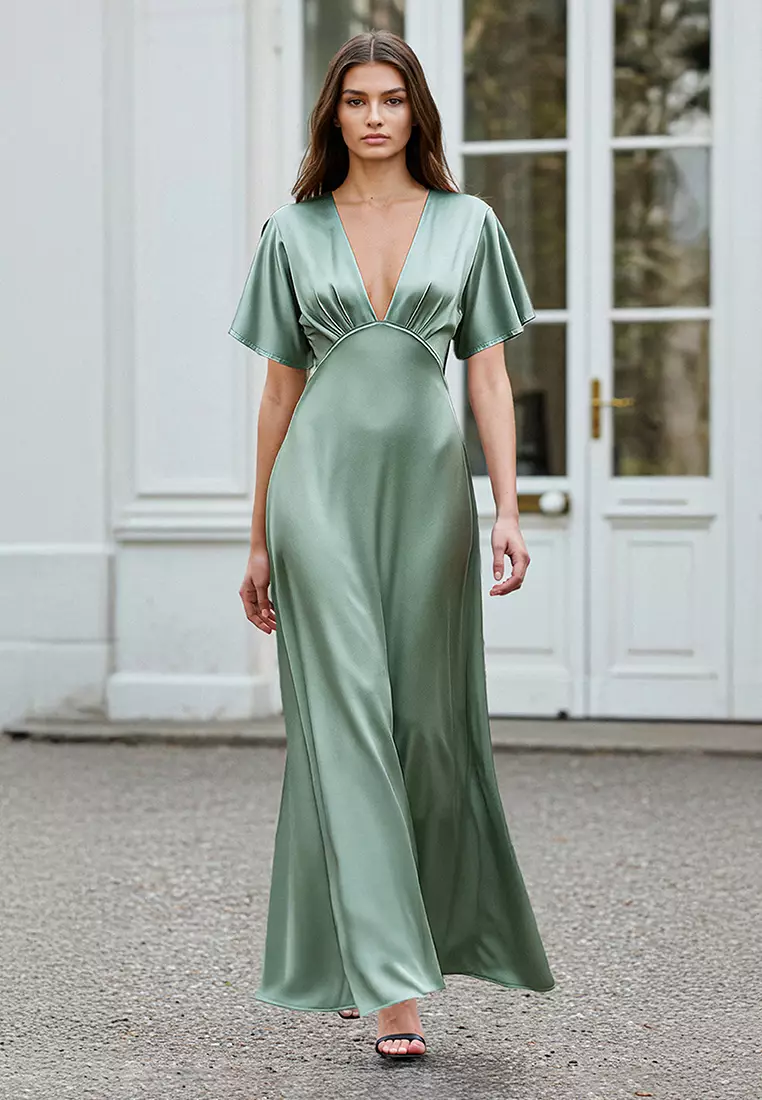 Mint V Neck Satin Maxi Evening Dress