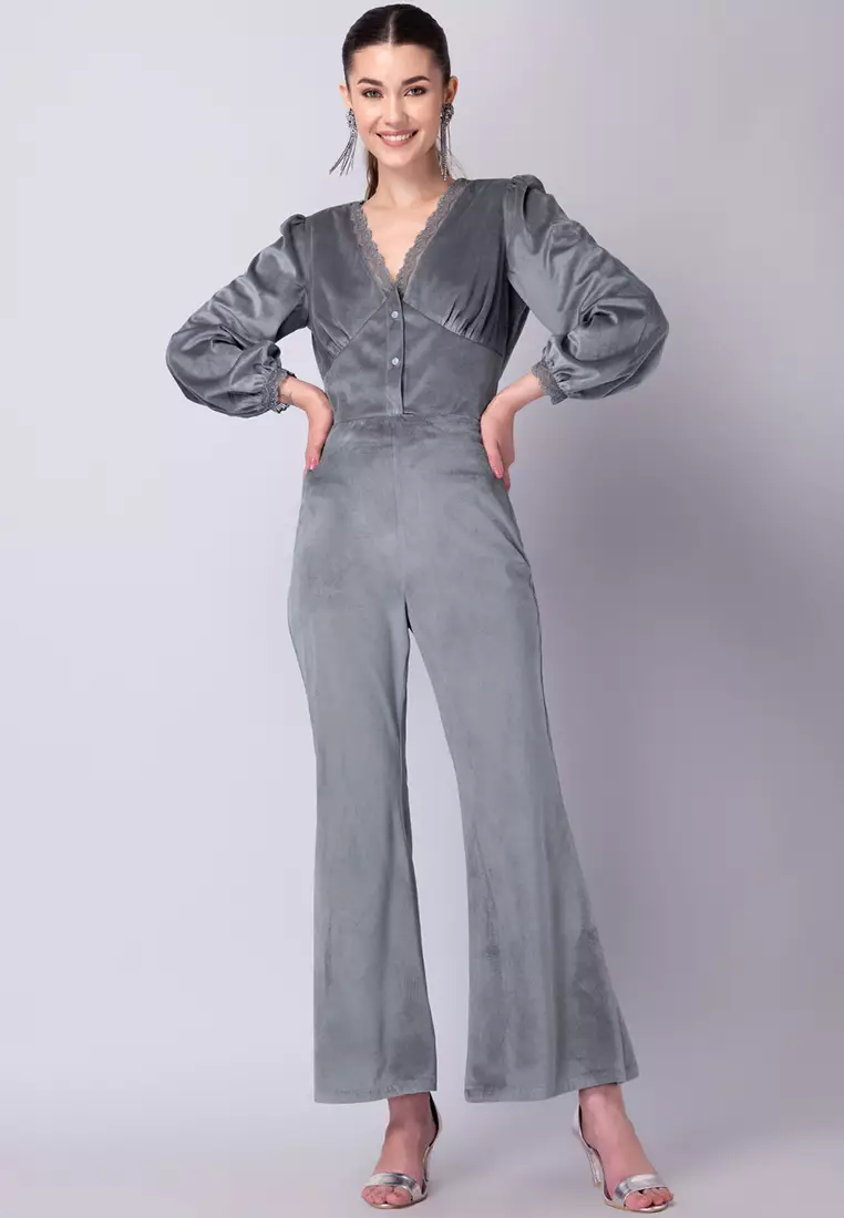 Grey Velour High Waist Flared Trousers