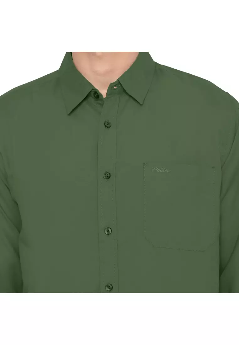 POLICE Kemeja Polos Basic Cotton Soft Olive Regular Fit Lengan Panjang Pria