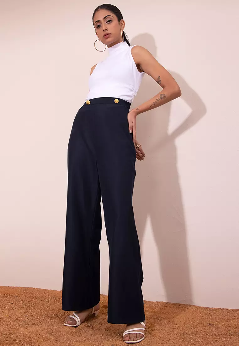 Navy Blue Side Button High Waist Straight Pants