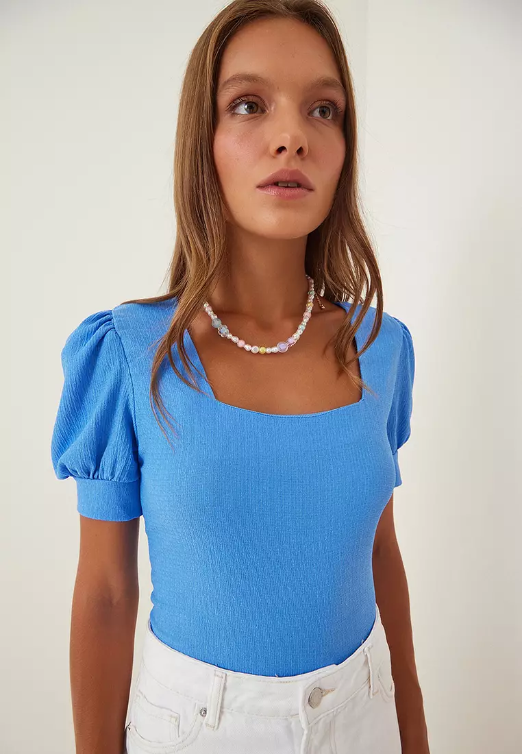 Square Collar Balloon Sleeves Knitted Blouse