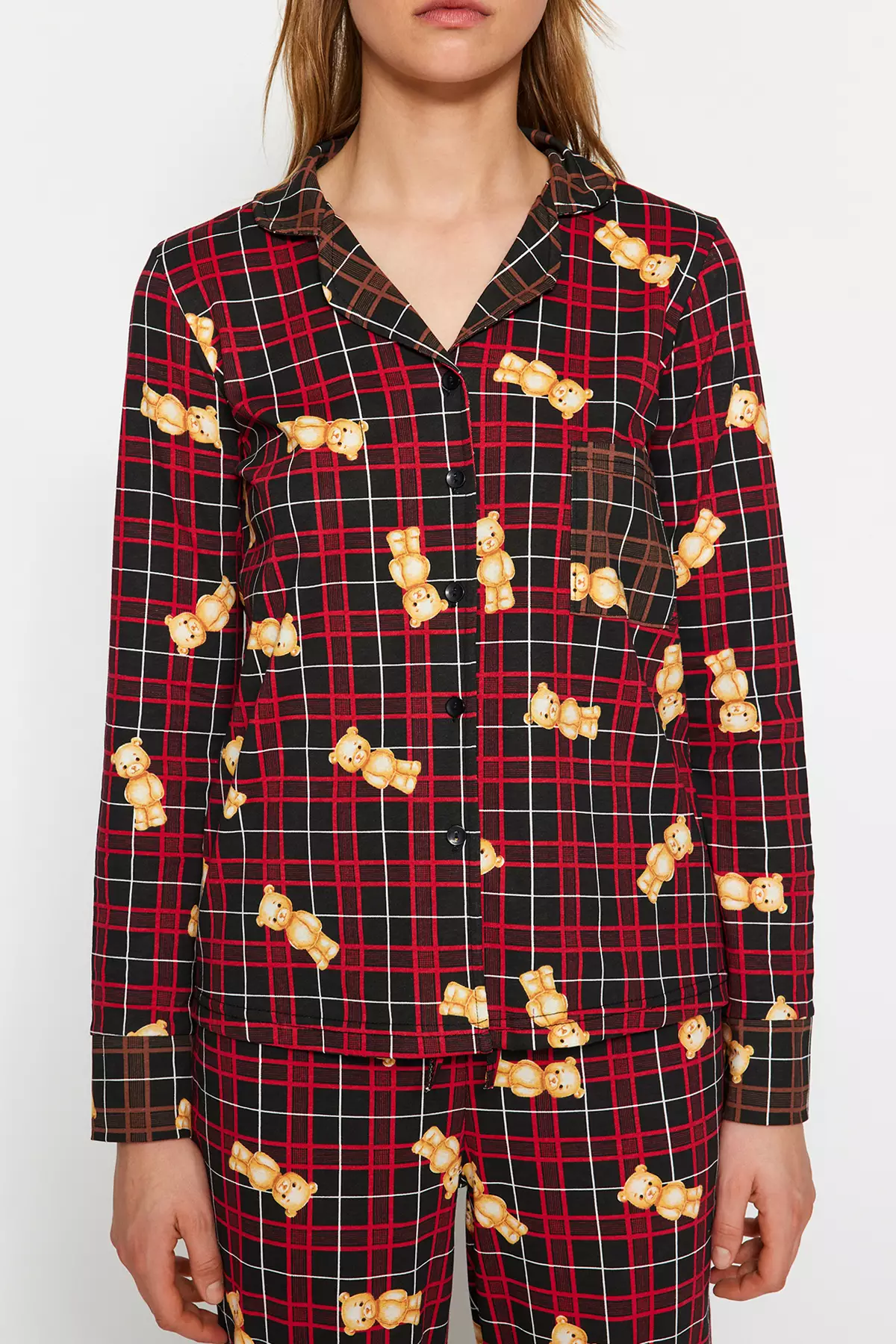 Multicolor 100% Cotton Teddy Bear Plaid Shirt-Pants Knitted Pajama Set