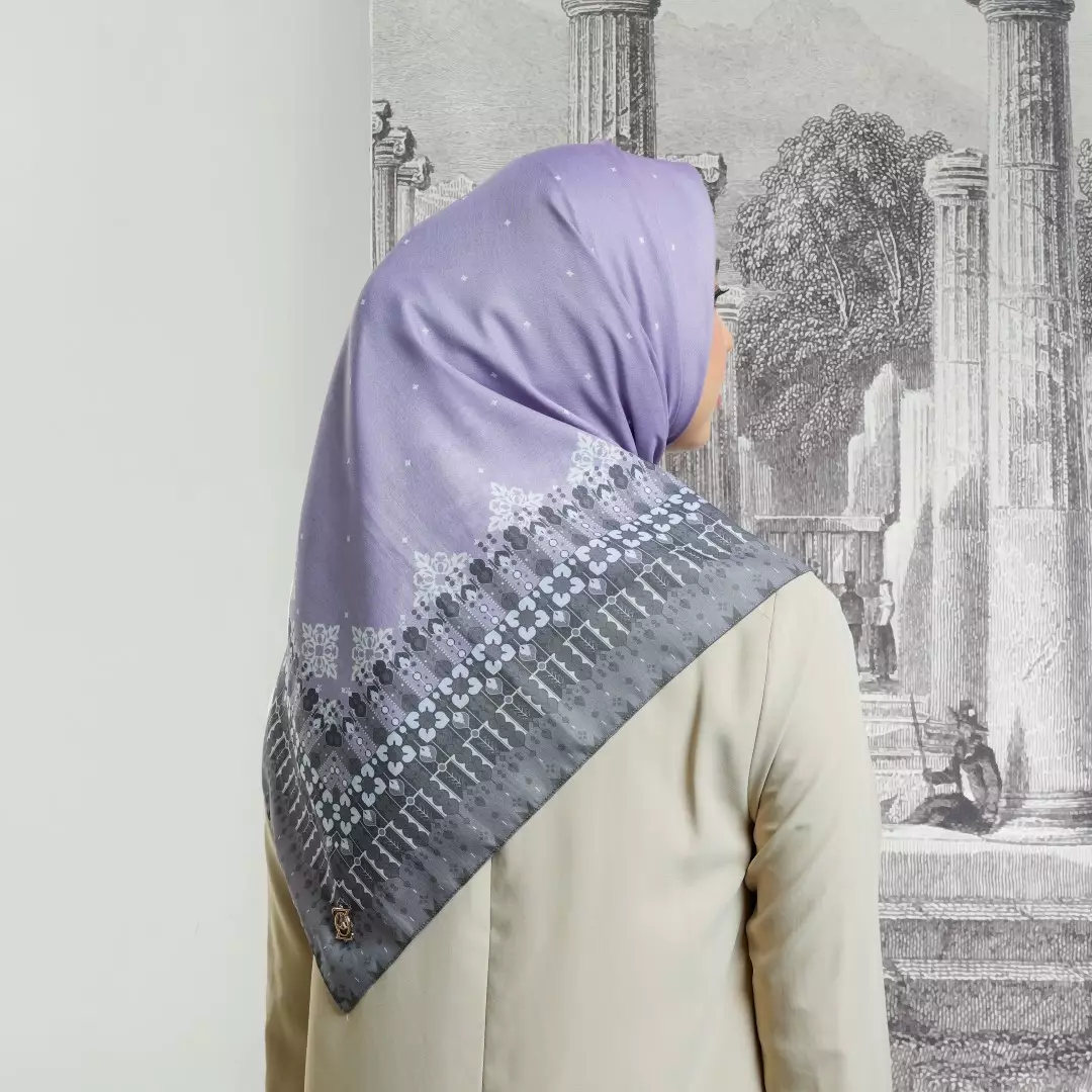 RANU Print Scarf Purple - Kerudung Hijab Segiempat Motif With BOX - Bahan Nesla - Ukuran 115x115