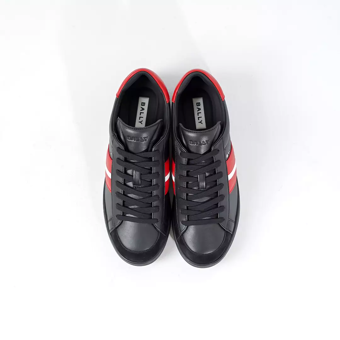 Sepatu BALLY TIAGO STRIPE RED BLACK LEATHER SNEAKER 100% ORIGINAL
