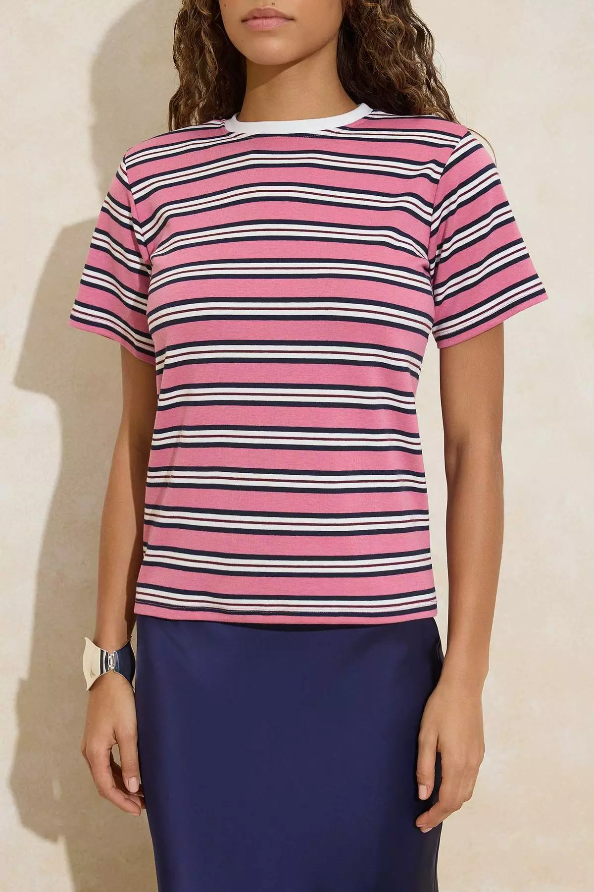 Pink Striped Regular/Normal Fit Short Sleeve Tok 1% Cotton Shoulder Pad Piece Knitted T-Shirt Twoss26Ts31