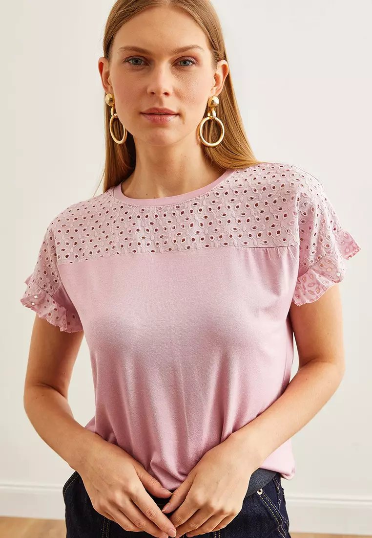 Women's Dried Rose Top Scallop Sleeve Flounce T-Shirt BLZ-19000979