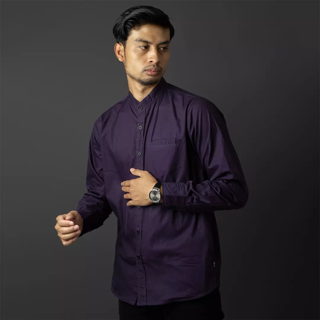 Cotton Worn Collarless Shanghai Kemeja Panjang Purple