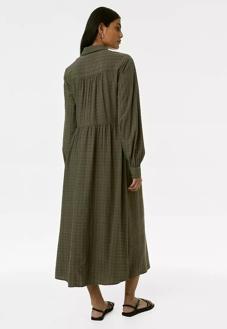 Textured Button Front Midi Shirt Dress