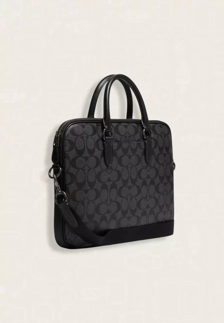 Coach Liam Compact Brief In Signature Canvas Charcoal