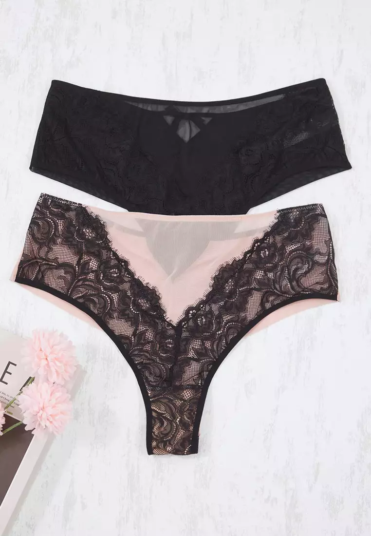 Multicolored 2-Pack Bow Lace Detailed Sexy Plus Size Panties Tbbaw26Cm00002
