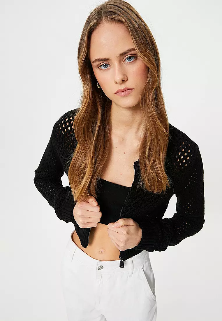 Openwork Zippered Crop Knitwear Cardigan