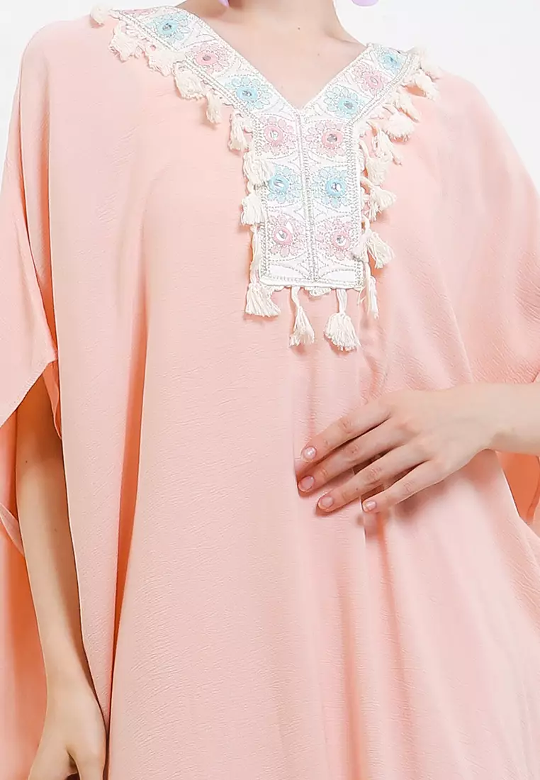 Mirror Work Tassel Detail Emb Crinkle Cotton Kaftan