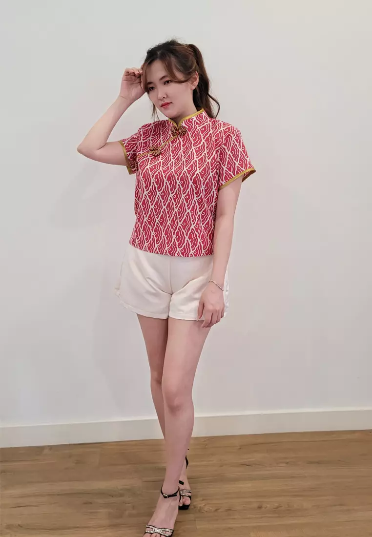 Ivory Cheongsam Top in Red Stamped Batik