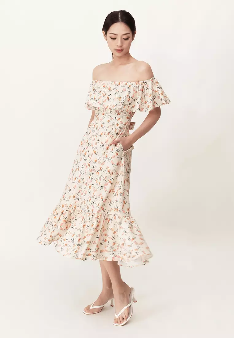 Plain B. Plain B. Off Shoulder Floral Print Midi Dinner Dress Beige ...