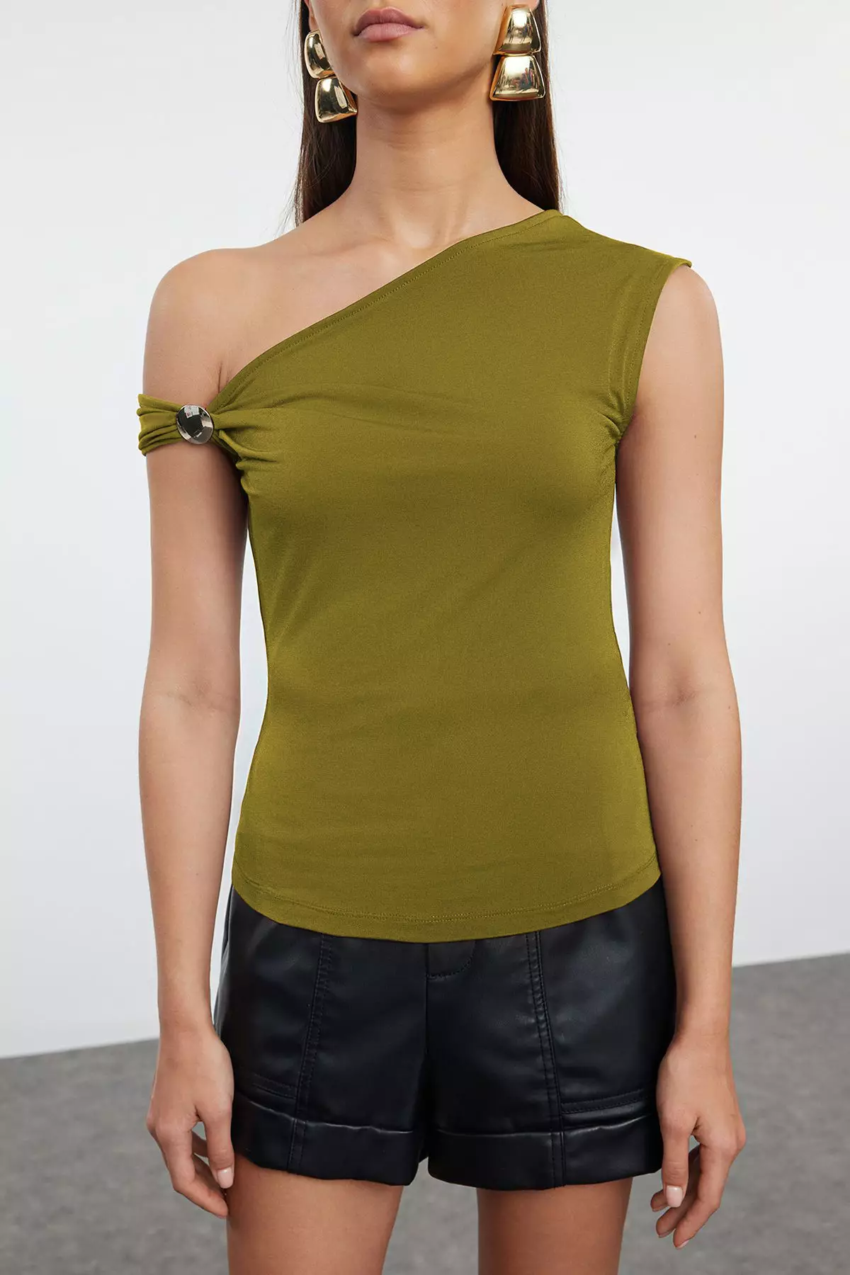 Oil Green Plain Asymmetric Neck Sleeveless Knitted Sandy Stylish/Evening Blouse