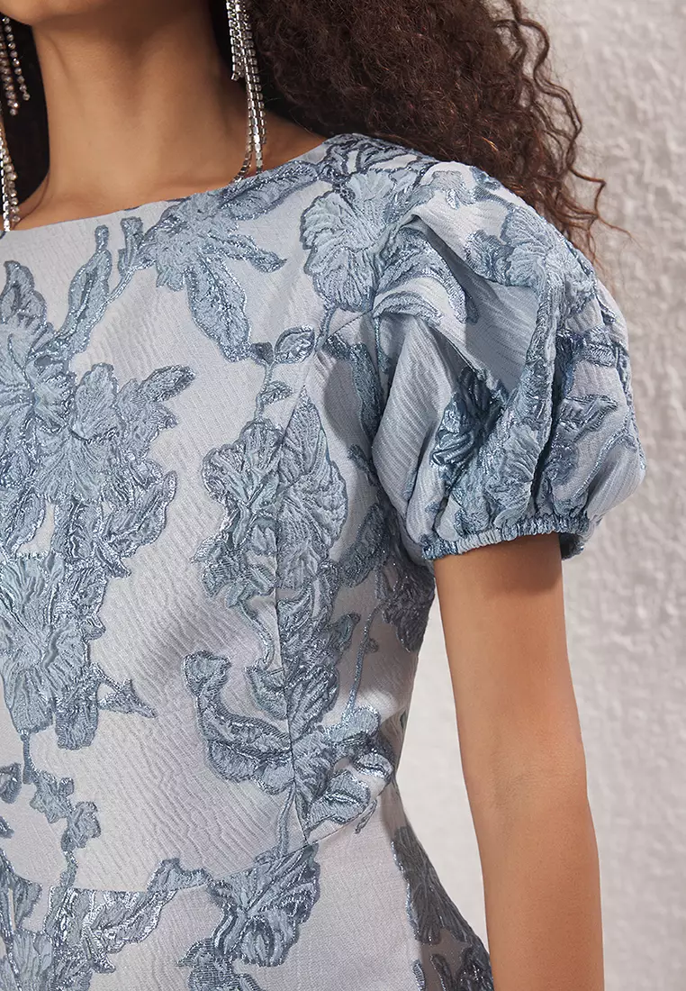 Light Blue A-Line Jacquard Woven Midi Elegant Evening Prom Dress TPRSS25EL00202