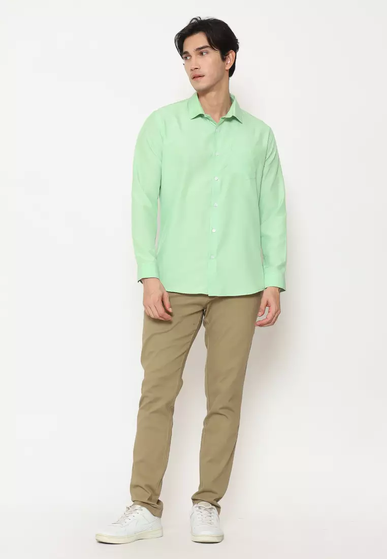MAGINOT Kemeja Pria Basic Polos Panjang LIGHT GREEN