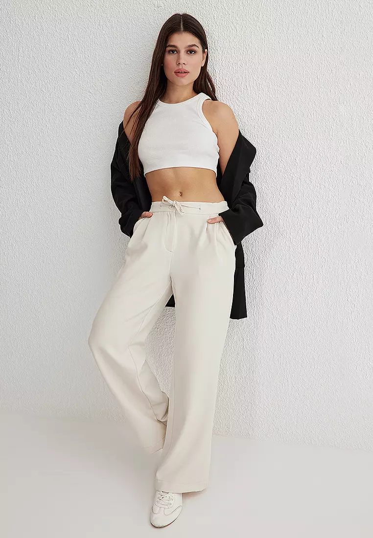 White Laced Low Waist Wide Leg Woven Trousers