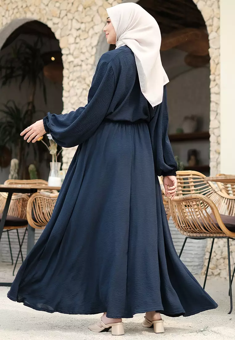 JV Hasanah Set Rok Baju Kurung Selena Navy | Setelan Rok Crinkle Jumbo Busui