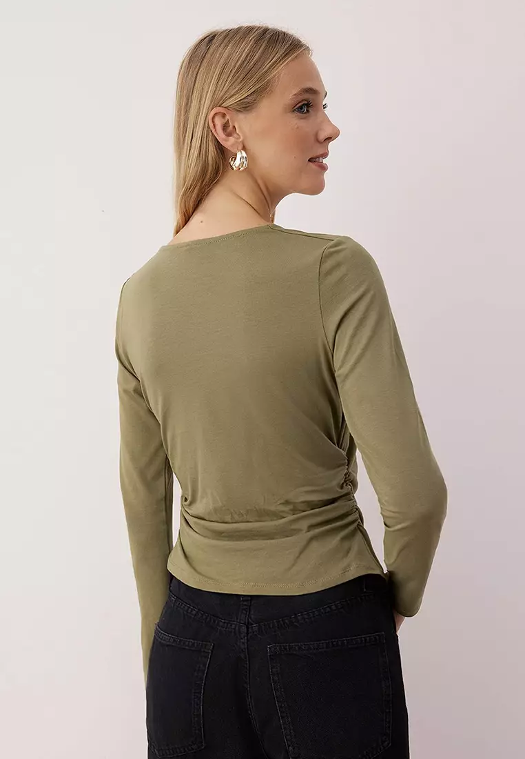 Khaki Square Neck Gathered/Drape Detailed Slim/Fits-A-Body Knitted Blouse