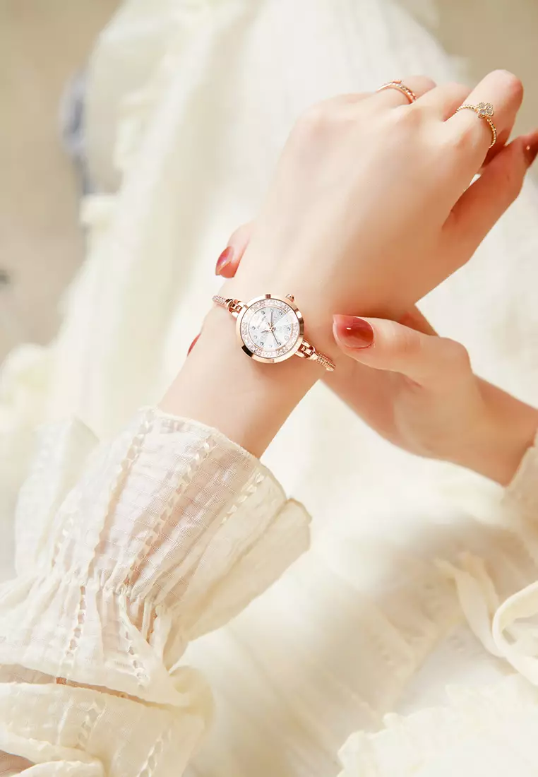 Jam Tangan Wanita Anti Air Gelang Gaya Berlian Tali Merenggang Jam Tangan Cewek Original rose white