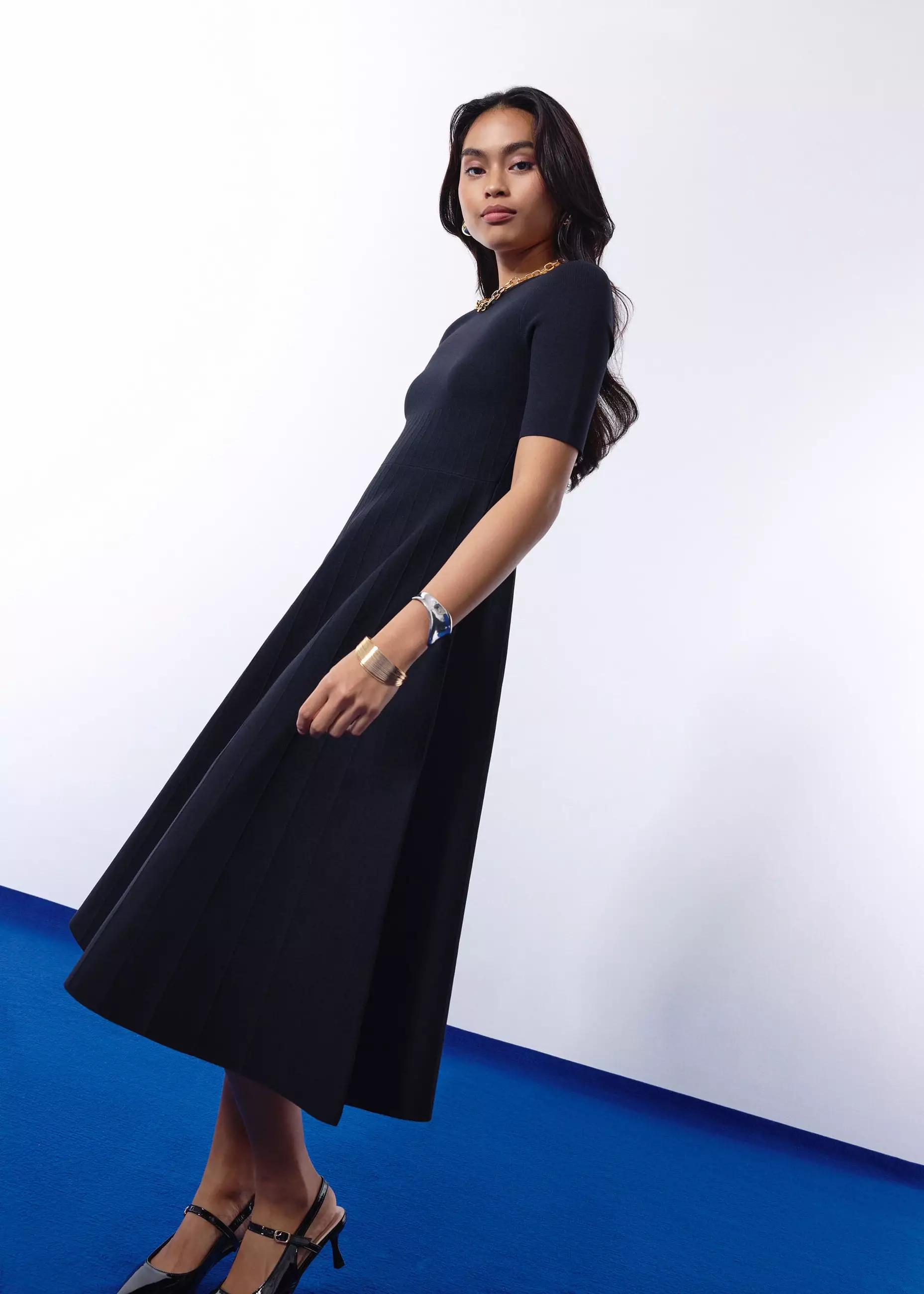 Dress Wanita - Mutya Contour Knit Boat Neck Fit & Flare Midi Dress