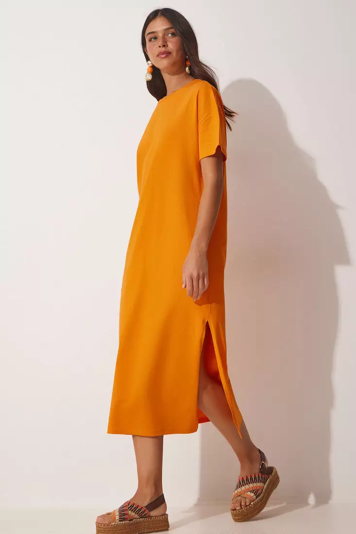orange shift dress with sleeves Universal Standard Plus Size Cooling Stretch Cupro Savannah Dress
