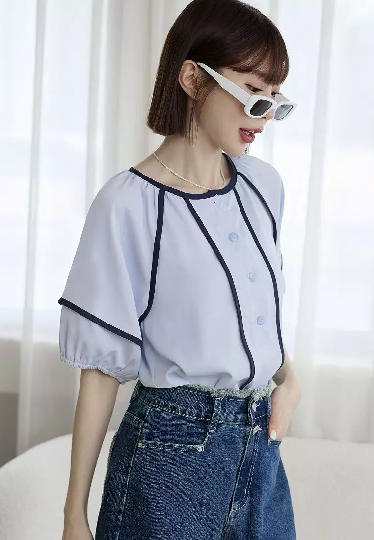 Round Neck Colorblock Trim Half-Placket Lantern Sleeve Top [AB20353]