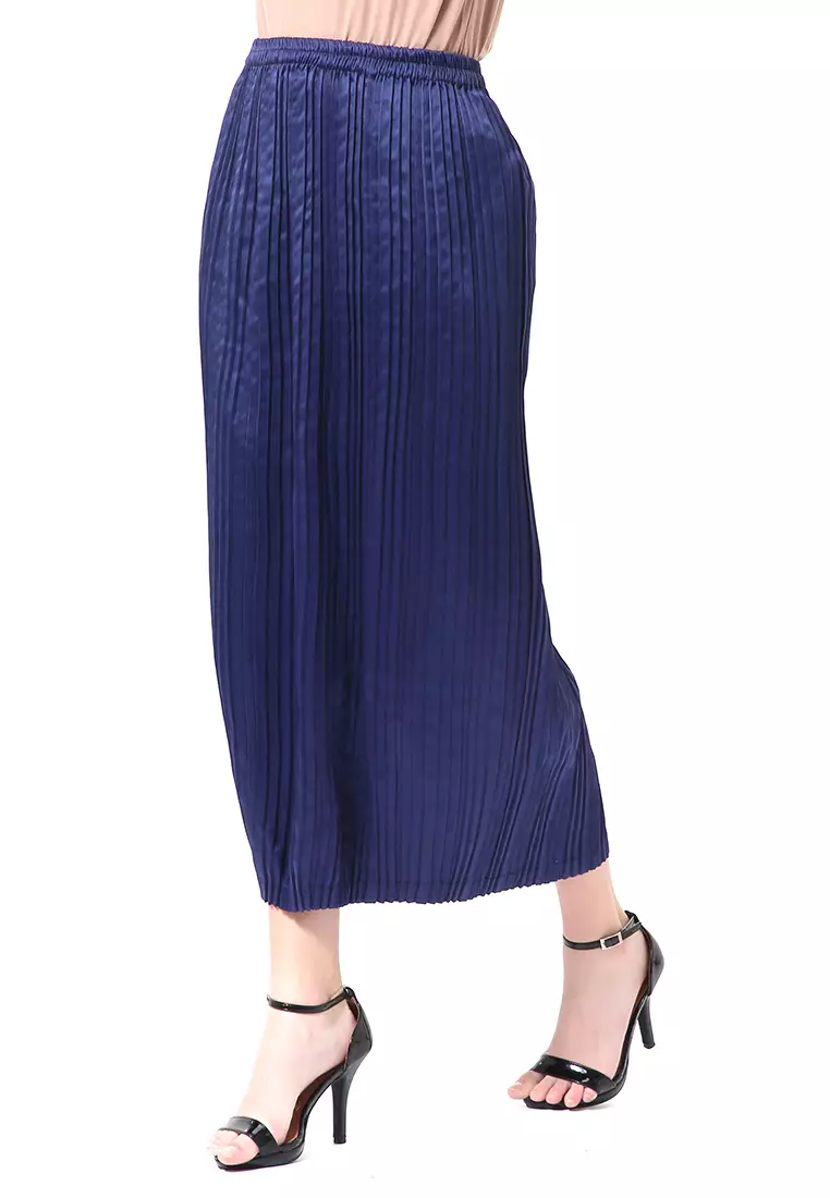Angely Rok Plisket Rubbery Waist Fashion Wanita Simple - Navy