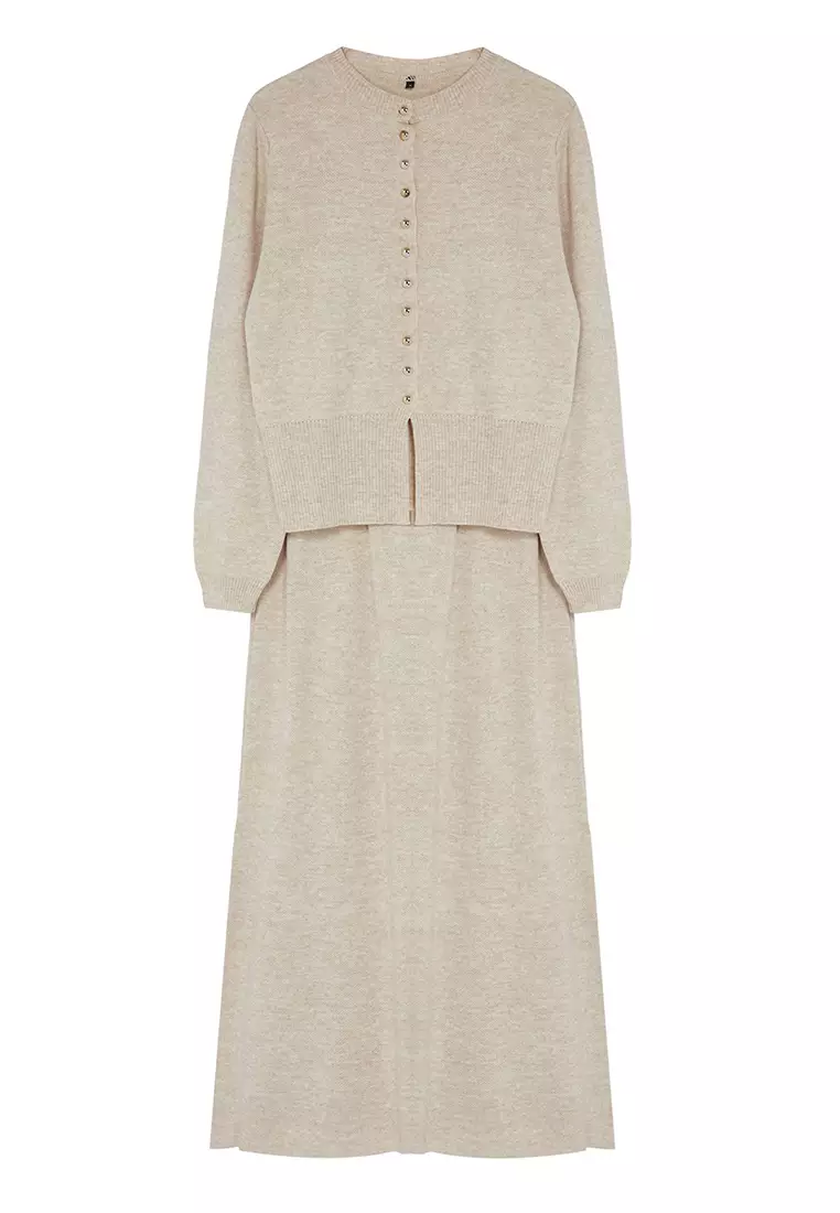 Stone Button Detailed Knitwear Cardigan Skirt Bottom-Top Set TCTAW25US00014