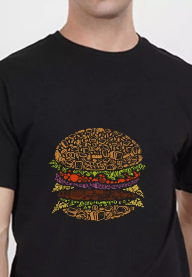 宽松版型短袖黑色棉质汉堡图案 T 恤