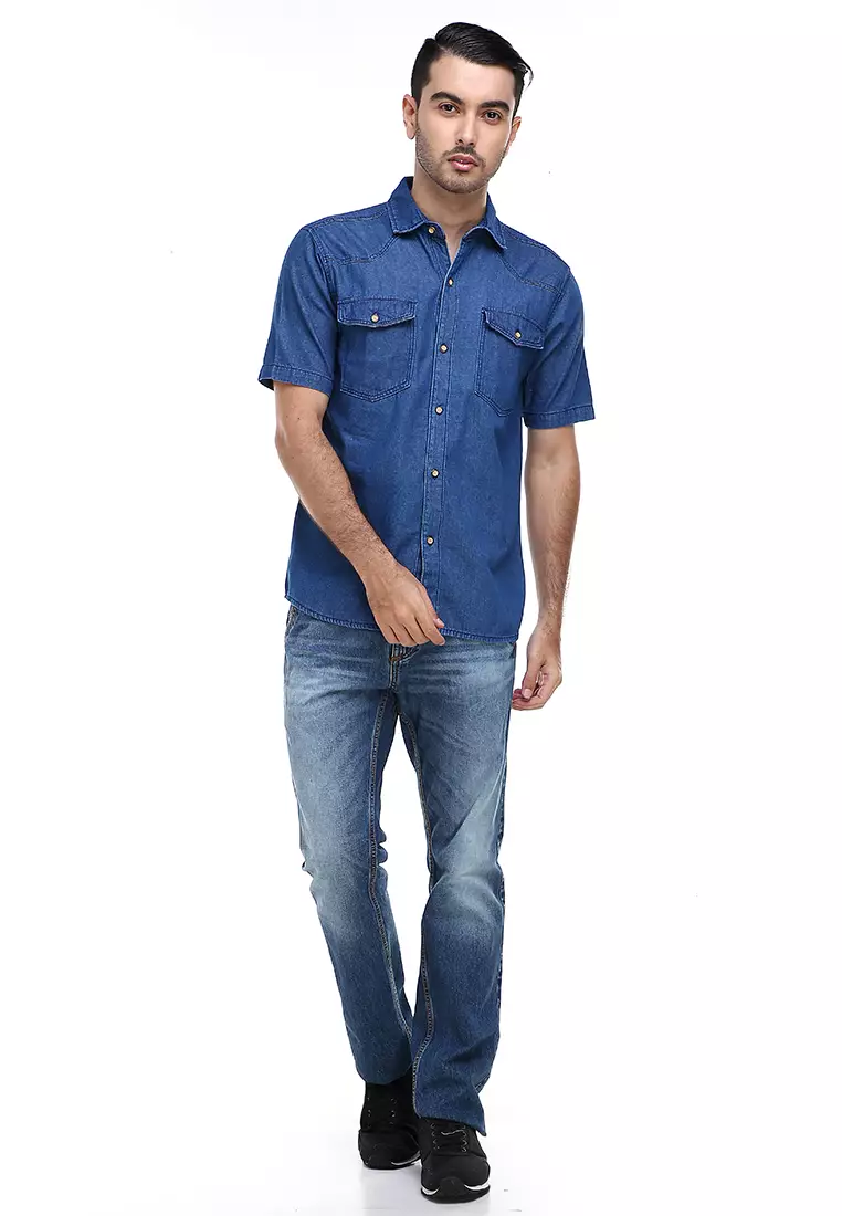 Dwan Shirt Kemeja Pria Kasual Lengan Pendek Material Jeans Premium ORIGINAL - Dark Blue